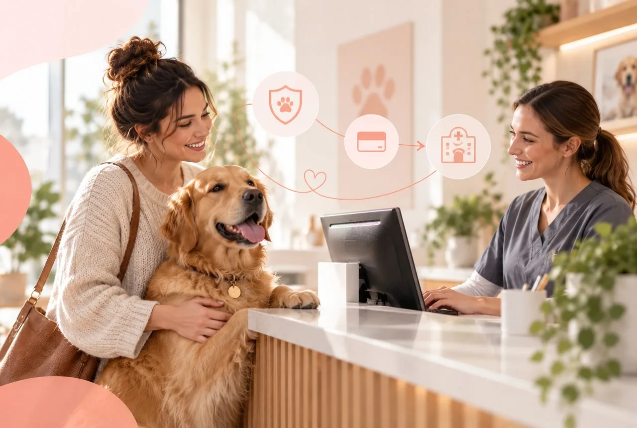 A pet owner with a dog speaking to a veterinary receptionist